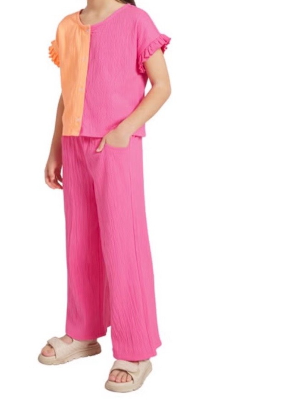 NWT:LandsEnd Youth Girls Two-Tone Pink-Orange Wide-Leg PantsSet-2pc set.Sz:14/16